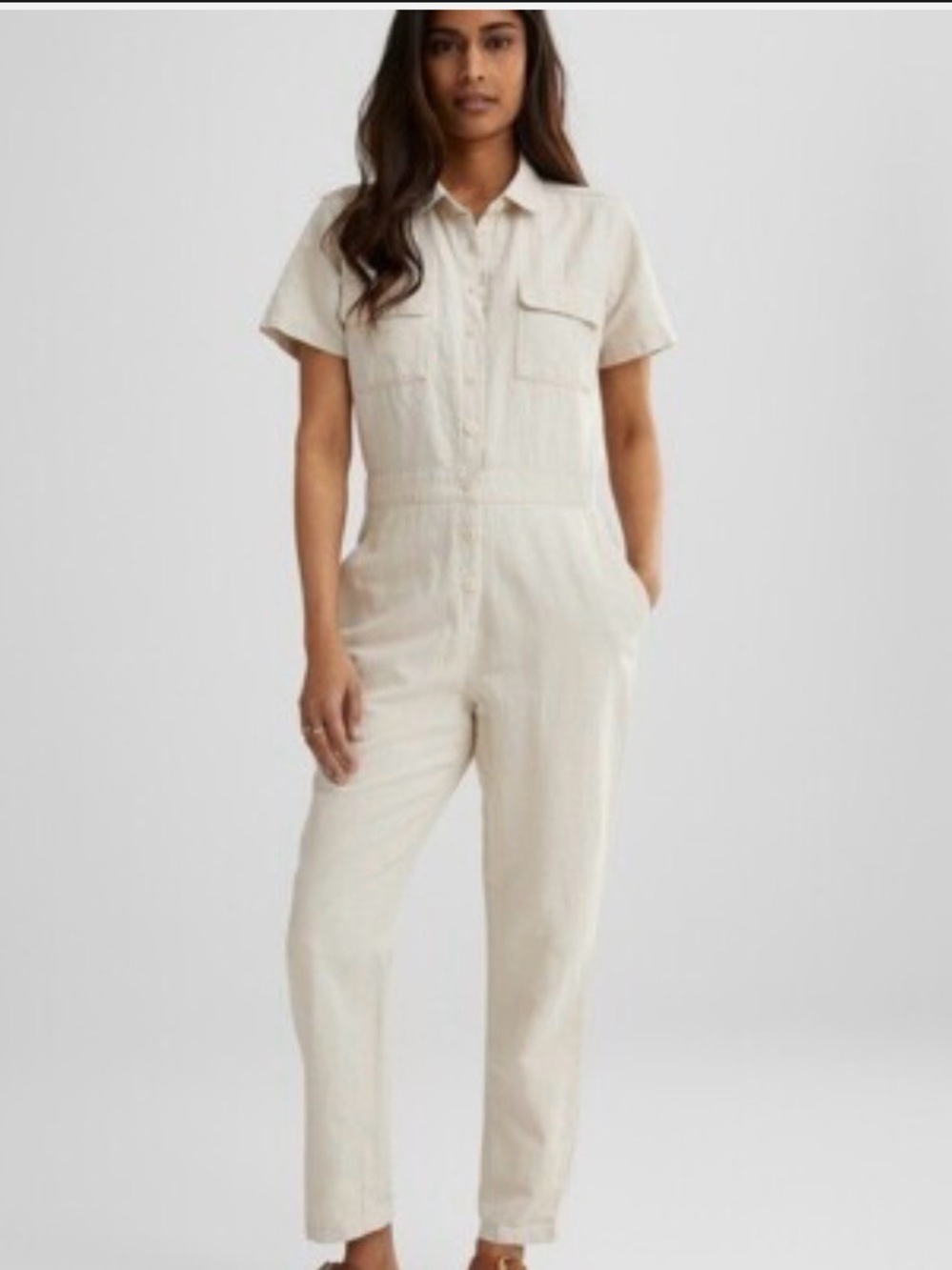 Short-Sleeve Utility Jumpsuit in Cream
